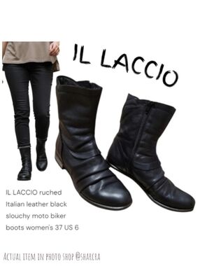 IL LACCIO Women's ruched Italian leather black slouchy moto biker boots 37 US 6